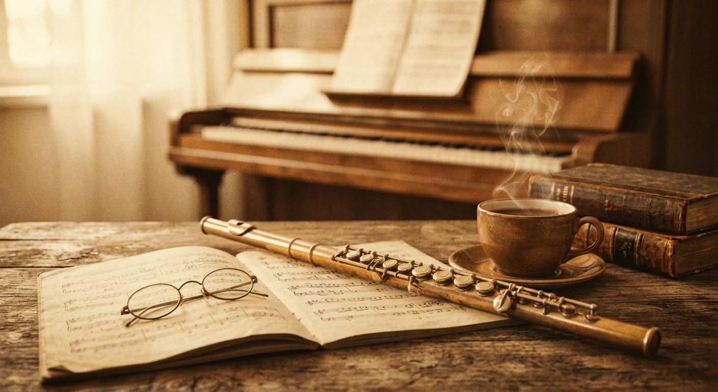 Coffee, sheet music and a piano